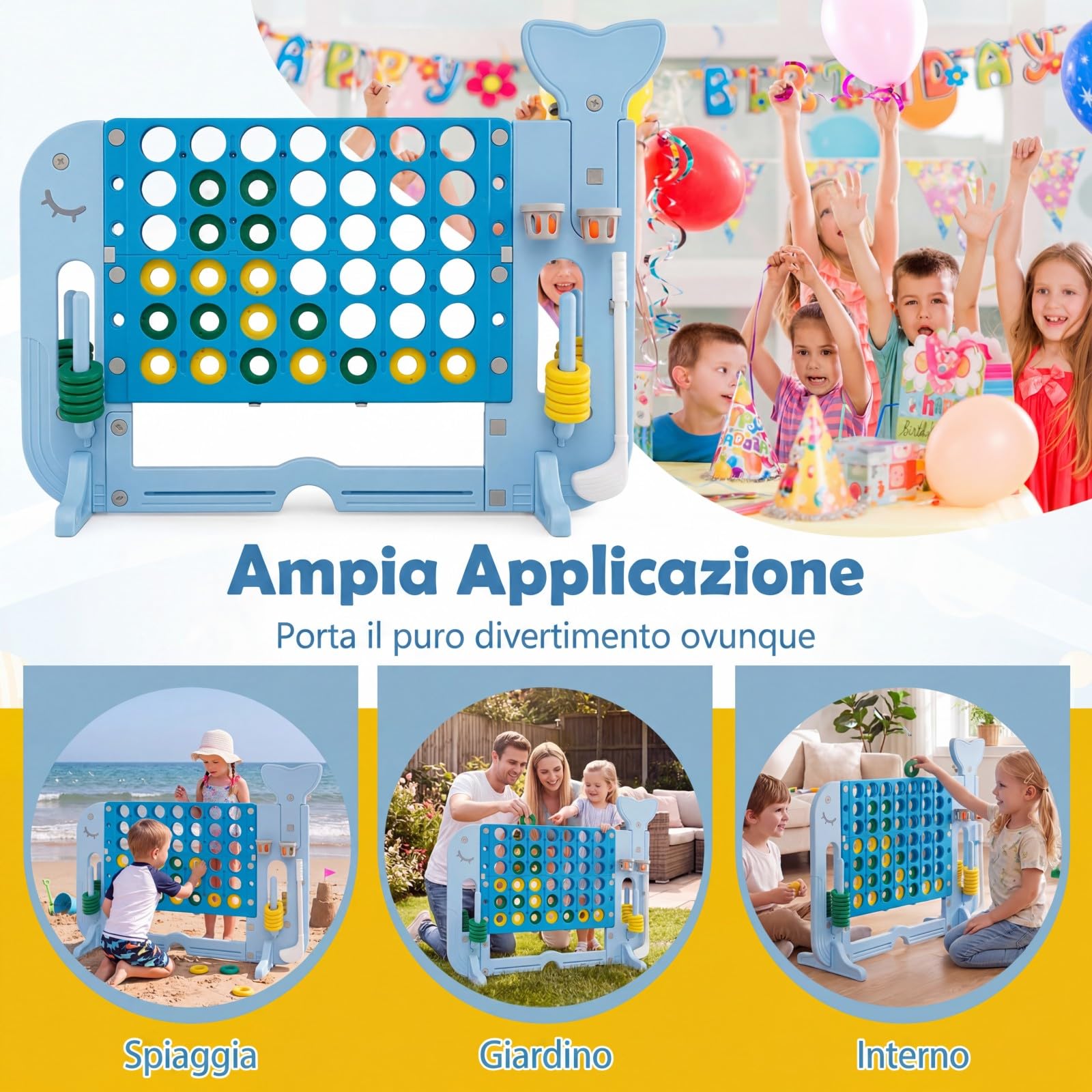COSTWAY Forza 4 Gigante, Gioco 4 in Linea per Bambini con Altezza Regolabile, 42 Pedine, Palla da Basket, 2 Palline da Golf, Mazza da Golf, 3 Anelli e 2 Portabicchieri (Azzurro)