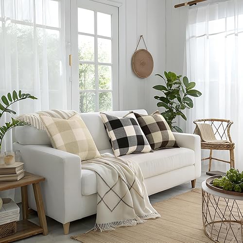 Miniatura 8 de Juego de 2 fundas de almohada de lana cuadriculada con borde recortado para decoración del hogar, cama, sofá, 18 x 18 pulgadas, blanco y negro.