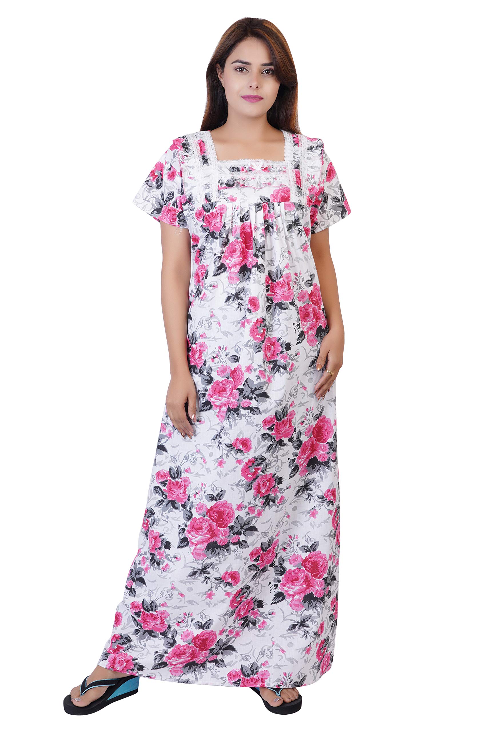 Himanshu HandloomWomen's Cotton Block Print Knee Length Nighty