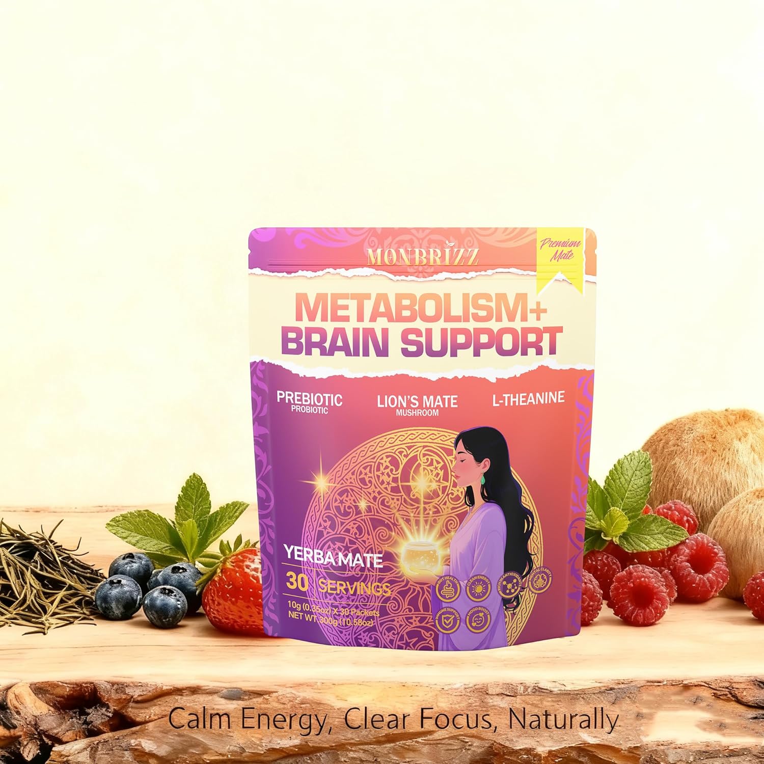 Monbrizz Instant Yerba Mate Powder - Coffee Alternative Energy Drink with Lion's Mane, L-Theanine, Probiotics & Prebiotics - Mental Clarity & Focus Supplement for Gut Health - Low Sugar, Strawberry Flavor (30 Packets)）