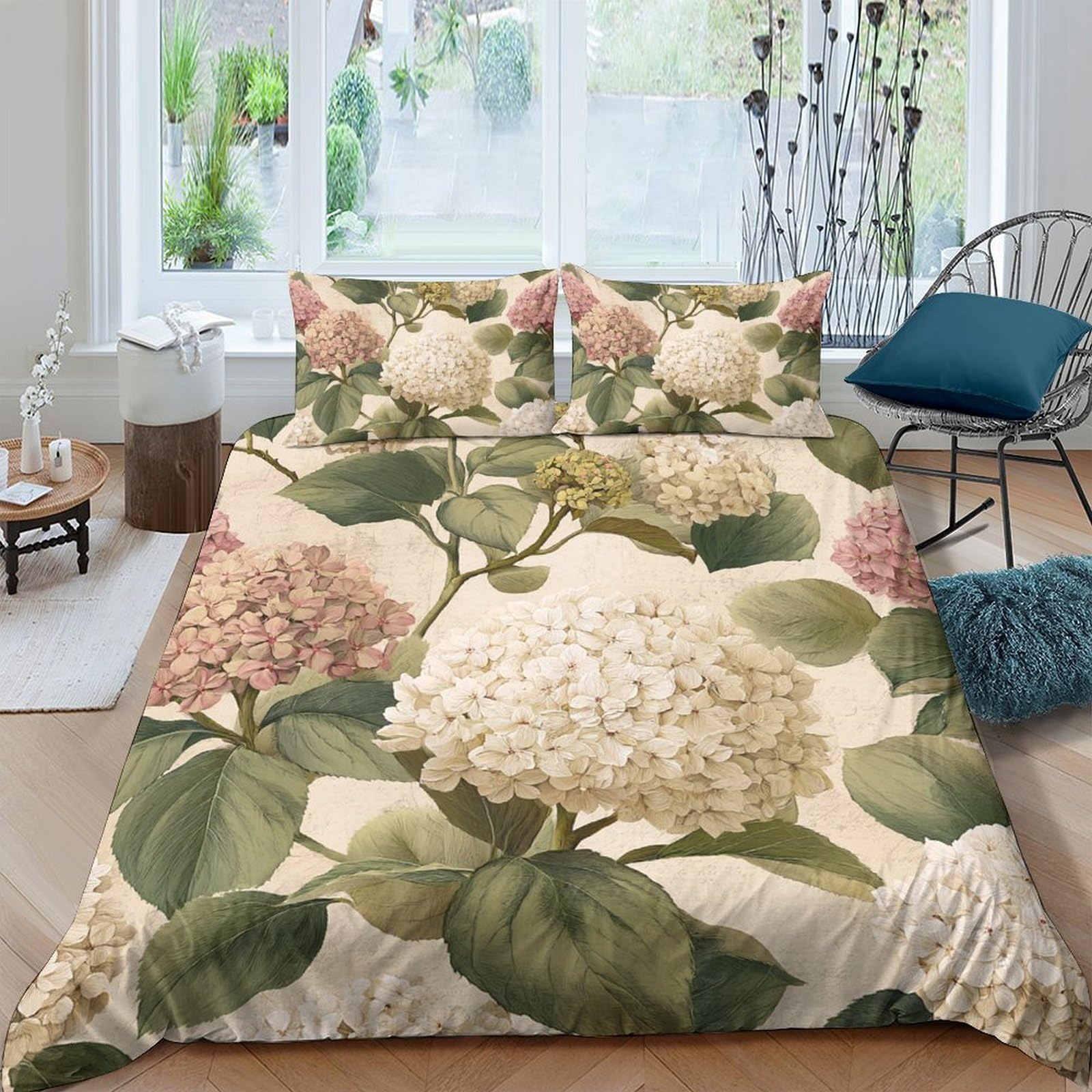 Ctjqhvkz Style-5 3D Printed Hydrangea Floral Fitted Sheet Microfiber Soft Green Beige Botanical Bed Sheet For Bedroom Guest Room Mattress Decor Single（135X200cm）