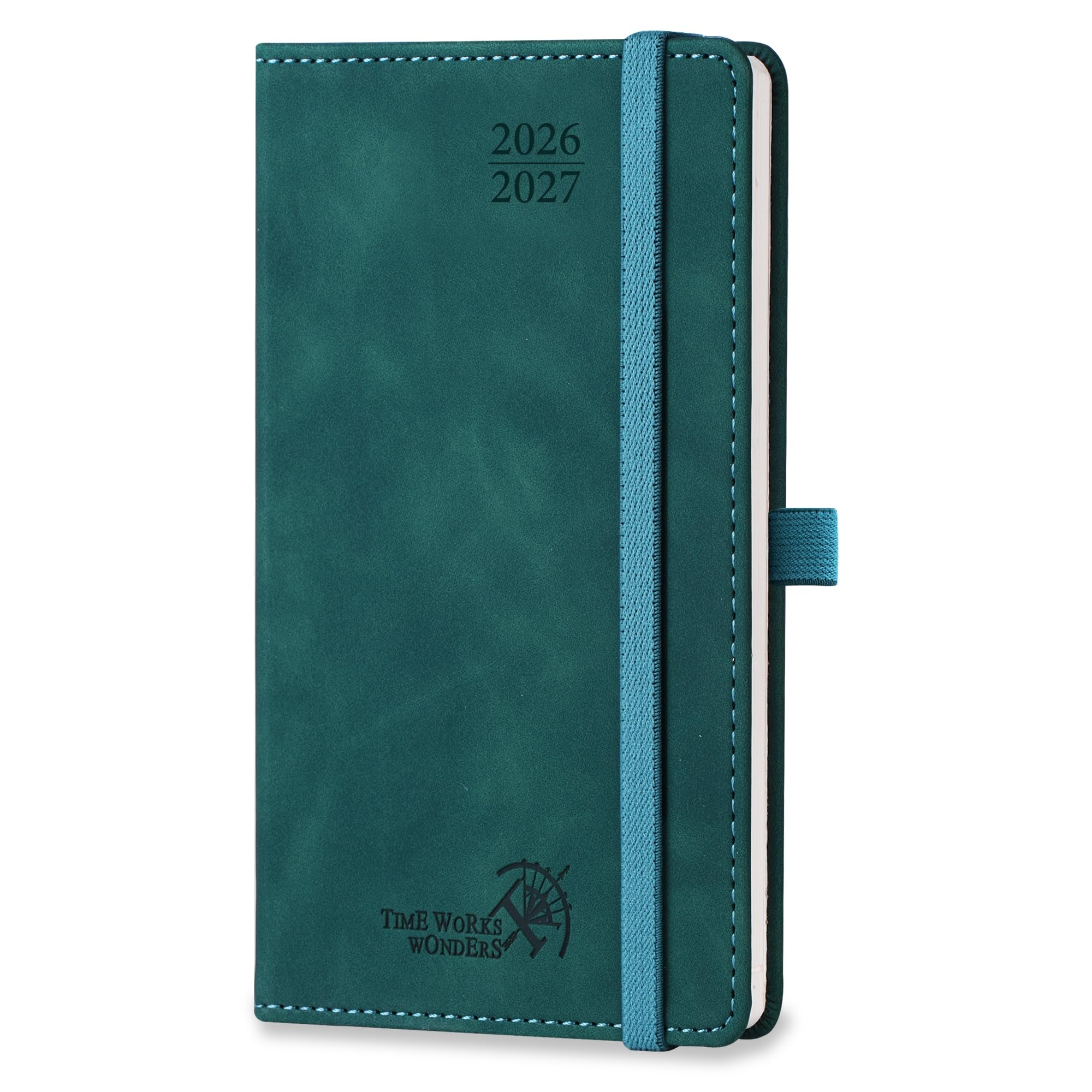 POPRUN Taschenkalender 2026 2027 Klein 8,8x16,3cm Softcover mit Lederoptik | 17-Monate-Terminplaner,(Aug.2026-Dez.2027),Kalender 2026 2027,1 Woche 2 Seite mit Stiftschlaufe(Petrolgrün)