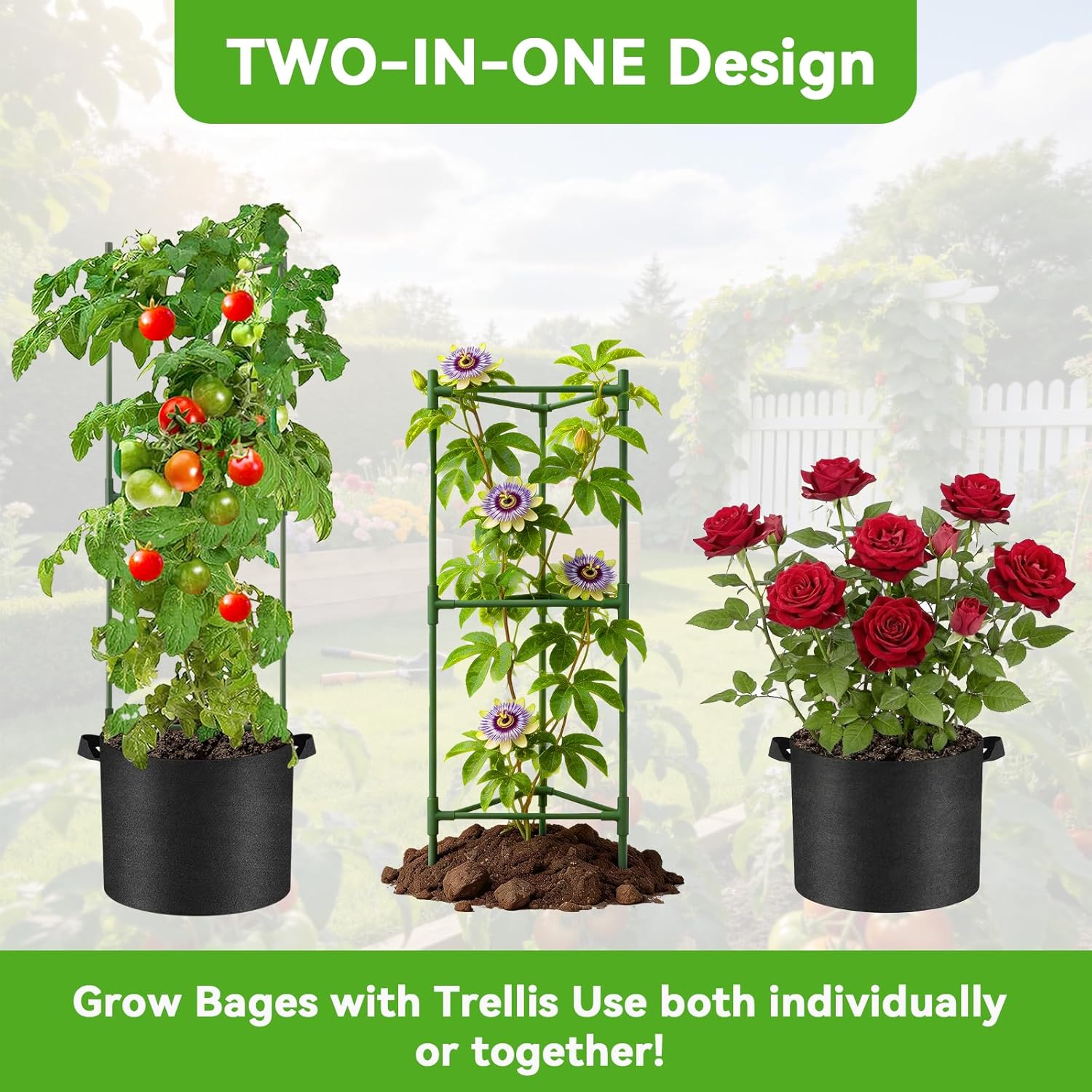 3 Pack Tomato Cage with 10 Gallon Grow Bags, 48" Height Adjustable Tomato Trellis with 65Ft Twist Tie, Heavy Duty Tomato Cages for Garden Flowers Vegetables Climbing Plants