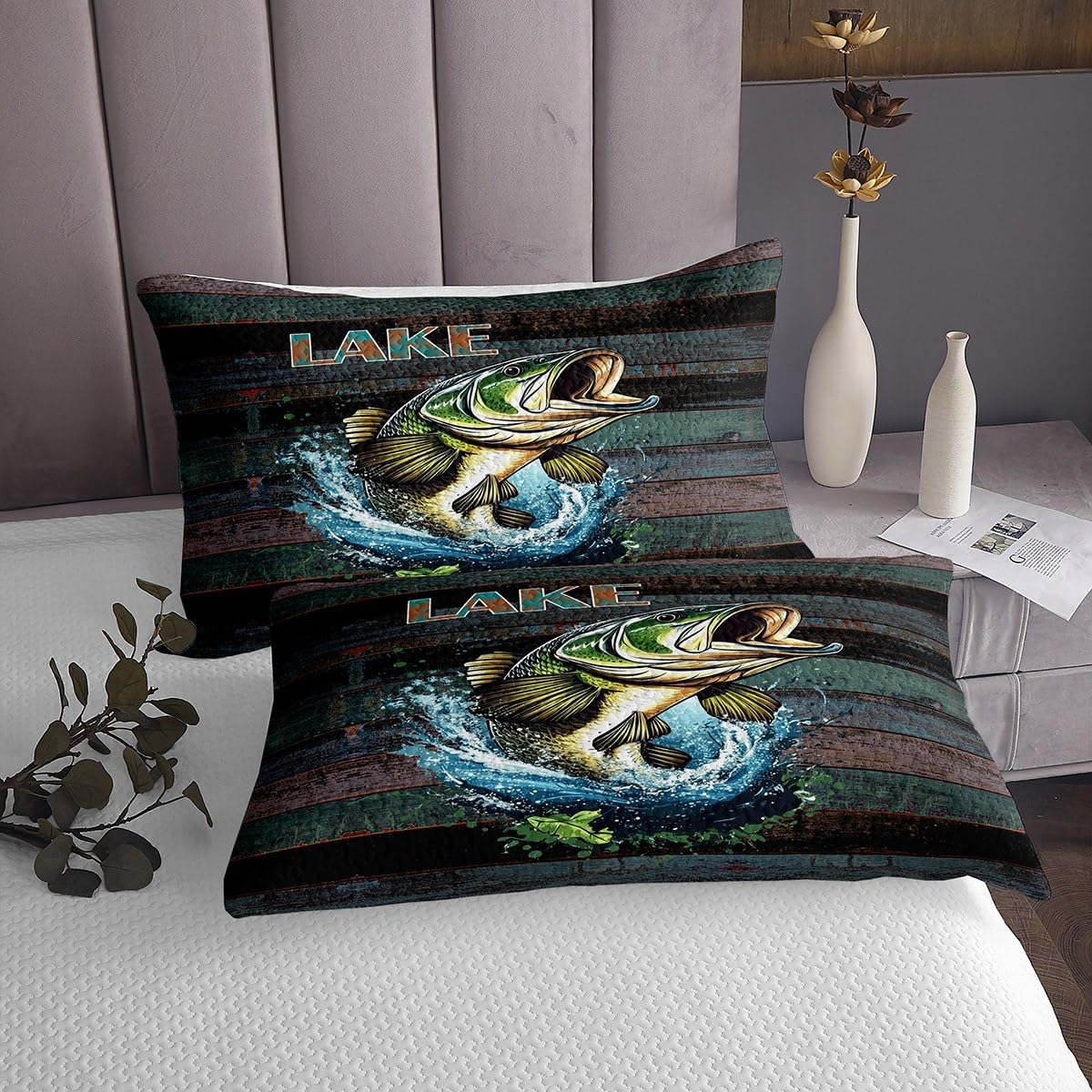 Loussiesd Set copriletto trapuntato per bambini con spigola e pesce, set copriletto king size per caccia e pesca, per ragazzi e ragazze, set rustico in legno