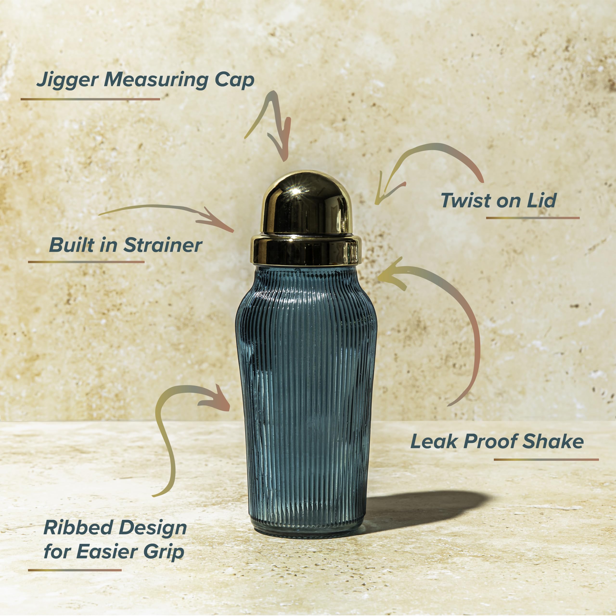 The MixMaster Cocktail Shaker with Strainer and Jigger Measuring Cap - Art Deco Leakproof Glass Drink Mixer for Crafting Cocktails - Innovative Home Bartending Supplies and Accessories - Pink