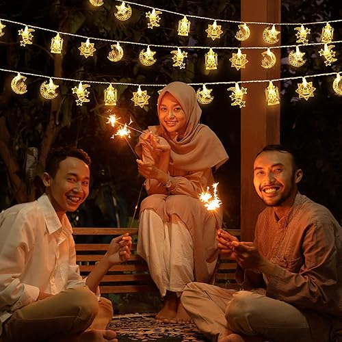 Miniatura 5 de Hiboom Paquete de 1 tira de luces de 16 pies de estrella y luna de Ramadán, 30 LED, funciona con pilas, luces de hadas Eid Mubarak para decoración