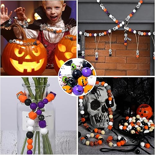 Miniatura 6 de Cuentas de madera de Halloween para manualidades, cuentas de madera de 0.63 pulgadas para hacer joyas, cuentas espaciadoras redondas sueltas para