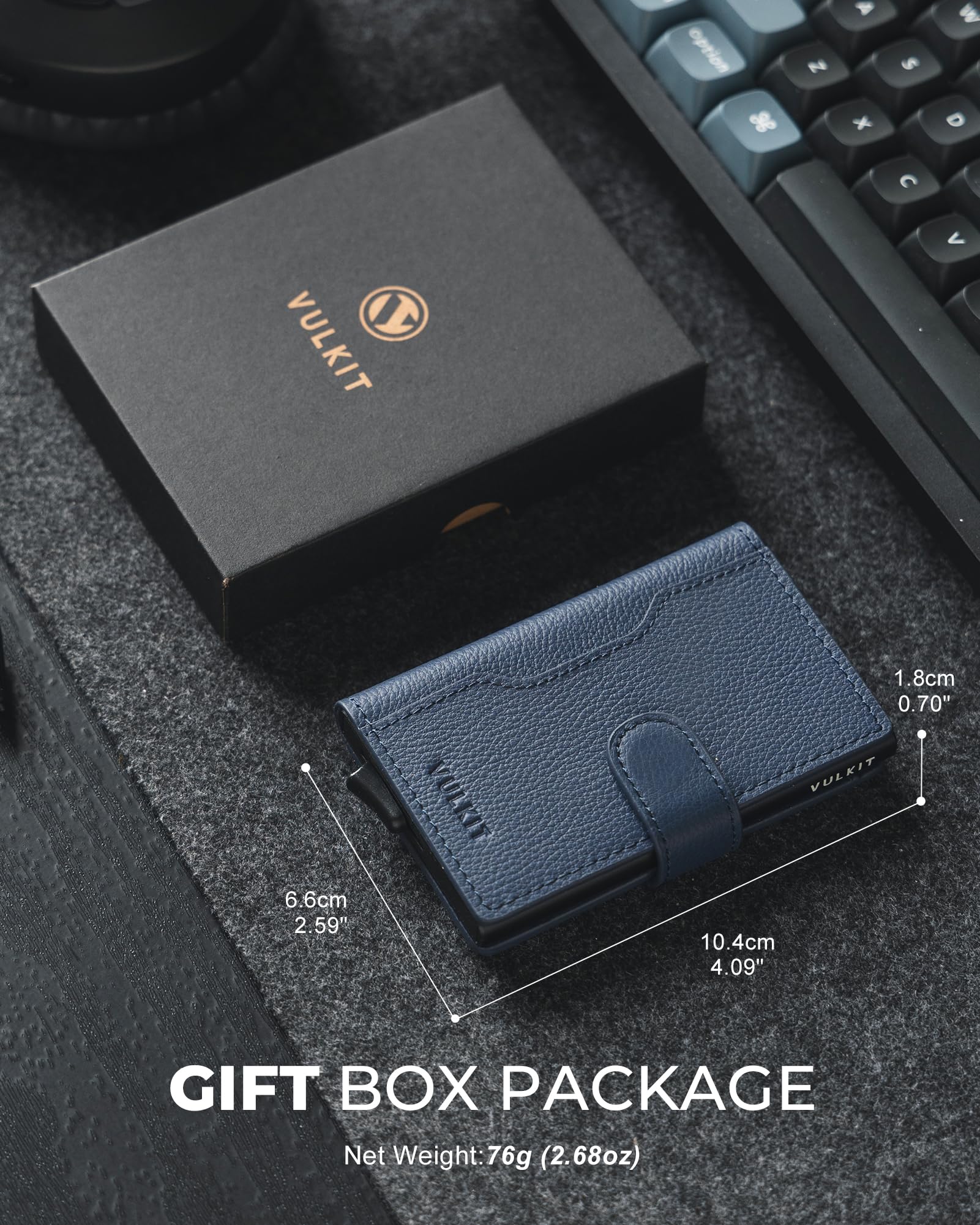 VULKIT Tarjetero Hombre Piel Genuino RFID Bloqueo con Cierre Magnético Carteras para Hombre Metalico Porta Tarjetas con 3 Ranuras y 1 Ventana DNI, Litchi Azul Marino