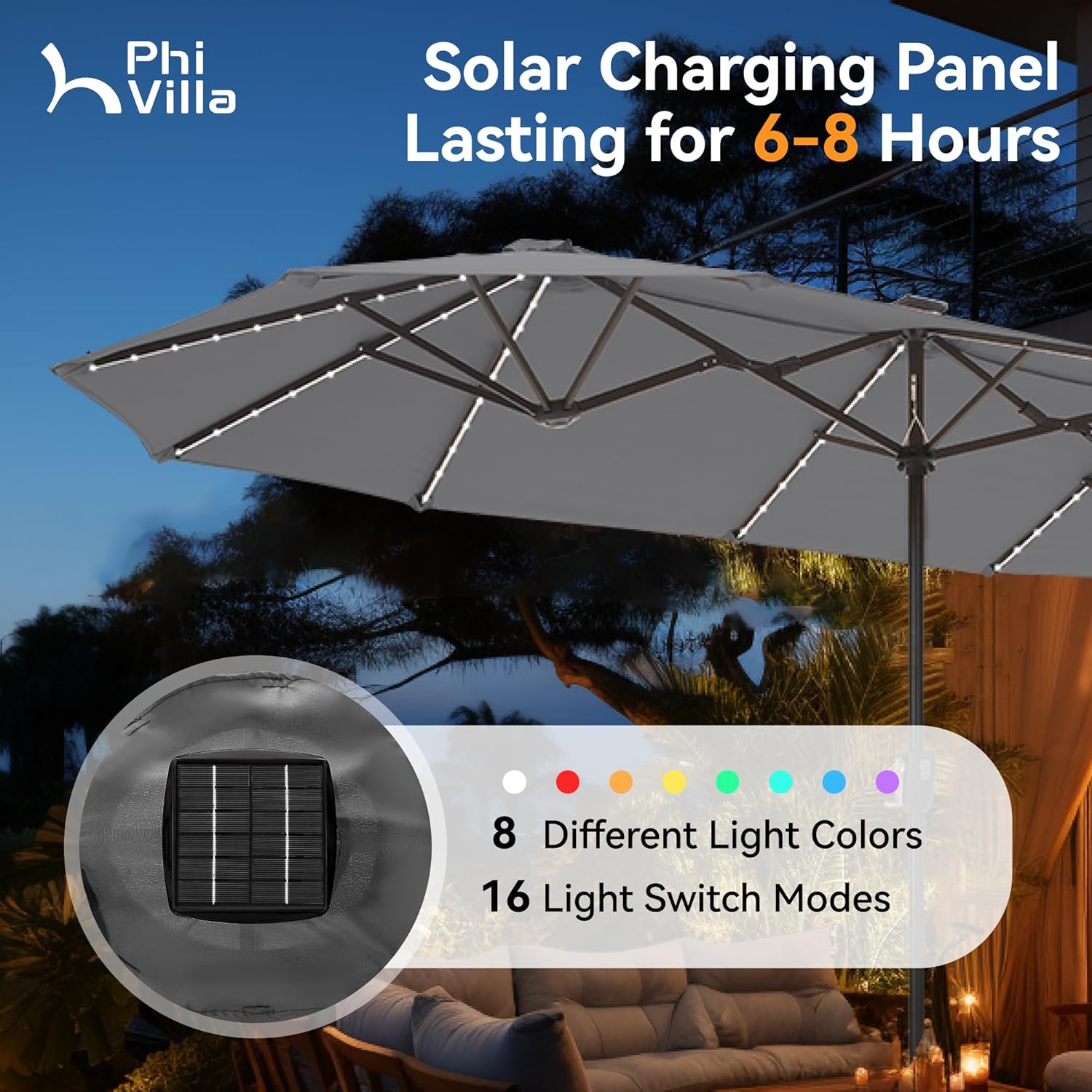 PHI VILLA 13ft Patio Umbrella with Solar-Powered 120 PCS LED Color-Changing Lights, Triple-Head Large Rectangle Umbrella Outdoor Patio for Table with Crank Lift,Grey(No Base)