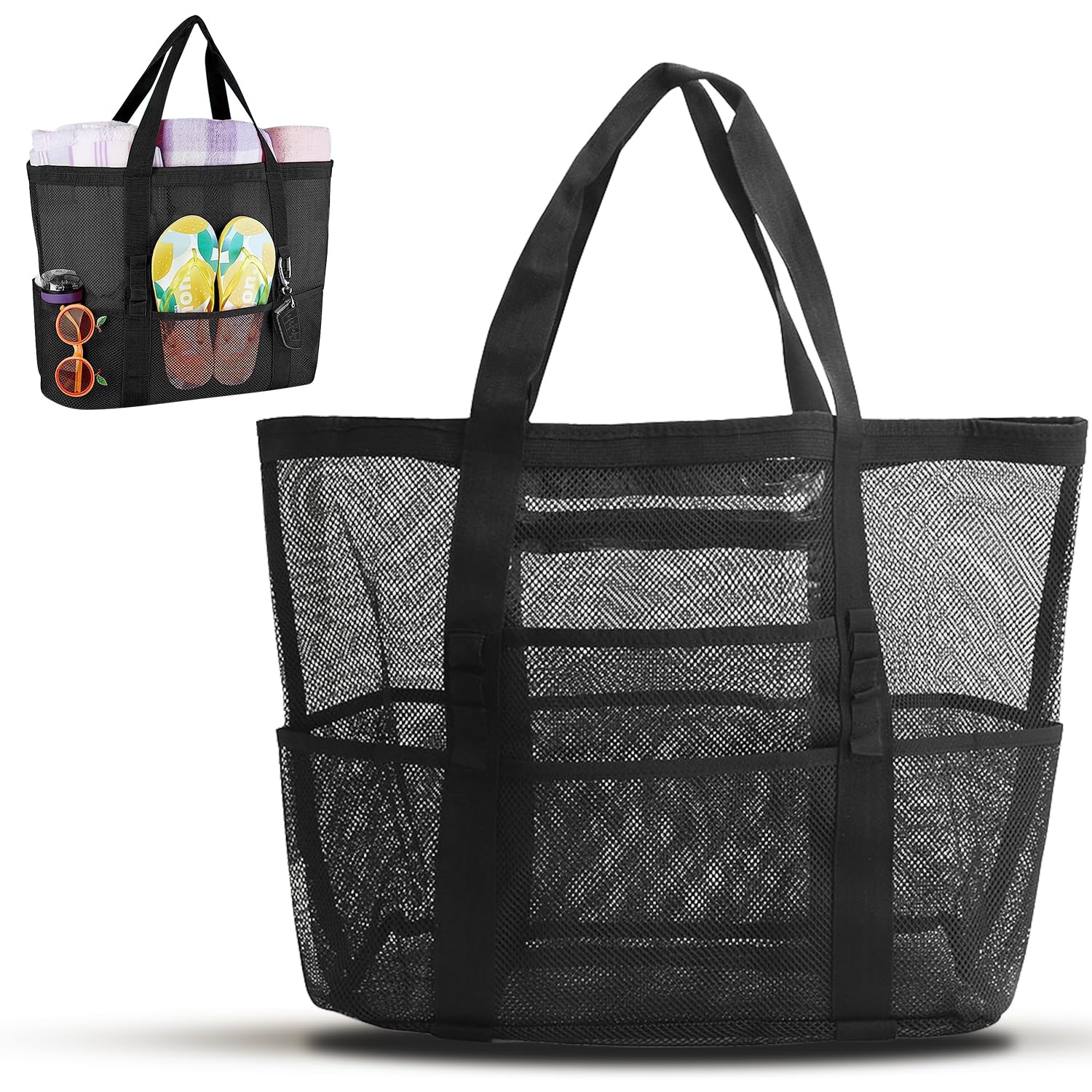 Grand Sac De Plage En Maille – étanche Au Sable, Imperméable, Avec Poches, Rose, Pour Enfants, Famille, Jouets Et Courses