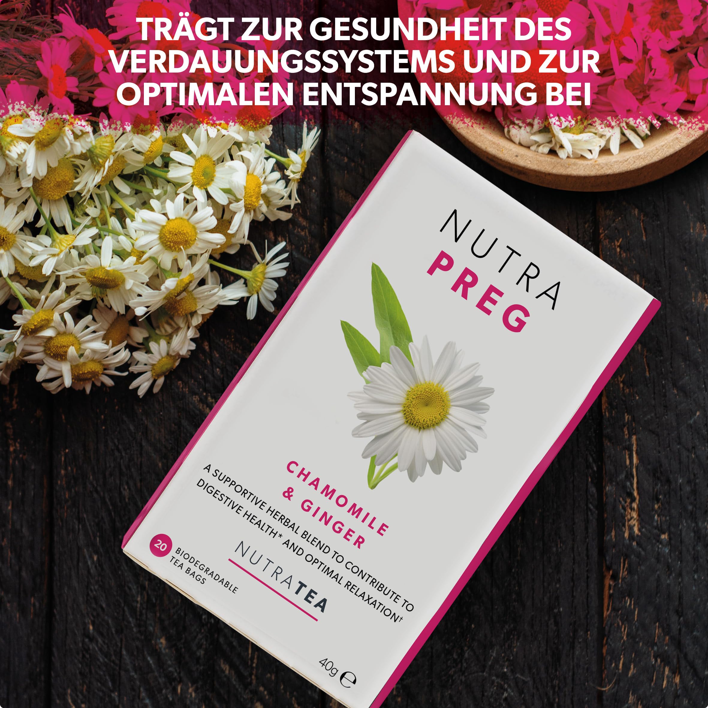 Nutra Tea NUTRAPREG, Schwangerschaftstee unterstützt während der Schwangerschaft das Wohlbefinden, beugt Übelkeit vor, trägt zur Entspannung bei, 120 wiederverwendbare Teebeutel, mit Kamille & Ingwer