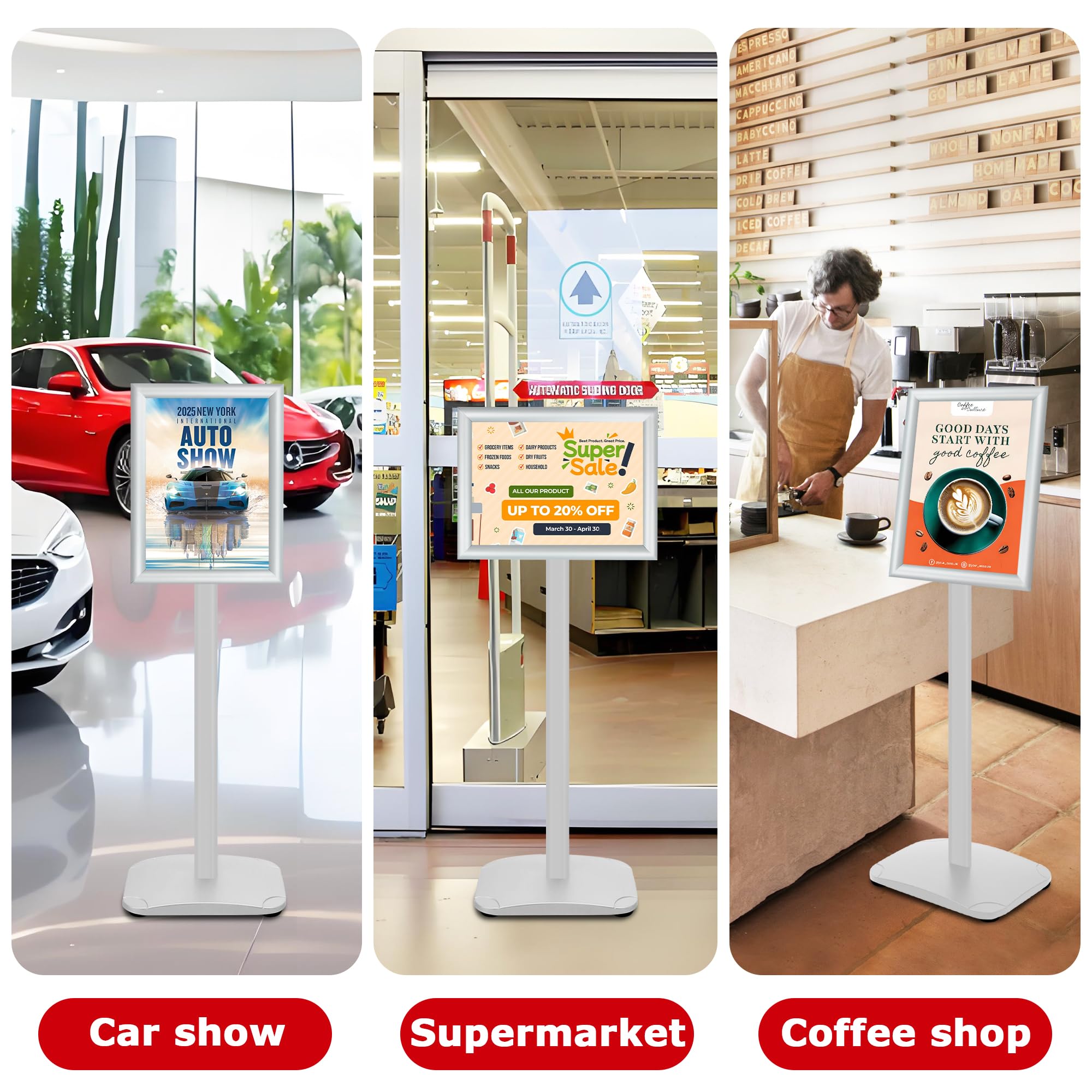Paquete de 3 soportes resistentes para carteles de pie de 8.5 x 11 pulgadas, soporte de pie con base pesada, soportes verticales y horizontales para carteles/menús para publicidad en interiores
