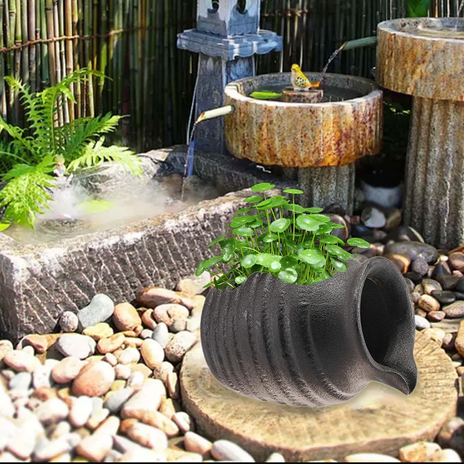 KESOTO Zirkulierendes Wasser Tontopf Hydrokulturvase Wasserfall Dekor Wasserbrunnenglas für Den Desktop Im Freien Wasserbrunnenglas, Schwarz