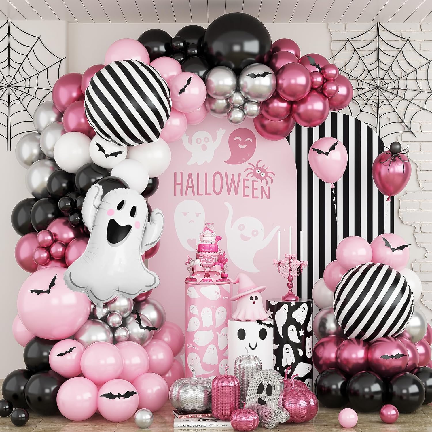 Halloween Balloons Arch Kit Pink and Black Balloons Garland with Ghost Foil Balloon 18 Inch Striped Balloon for Girls Night Pink Halloween Boo Spooky One Scary Birthday Baby Shower Party Decor
