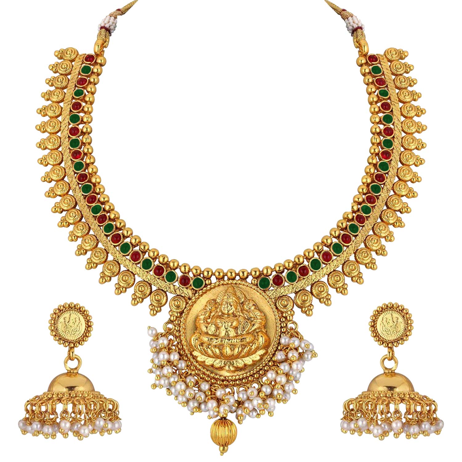 Aheli Indian Traditional Temple Necklace Jhmki Jhumka Dangle Earring Set Studded with Faux Stone Bollywood Wedding Jewelry Gift for Women