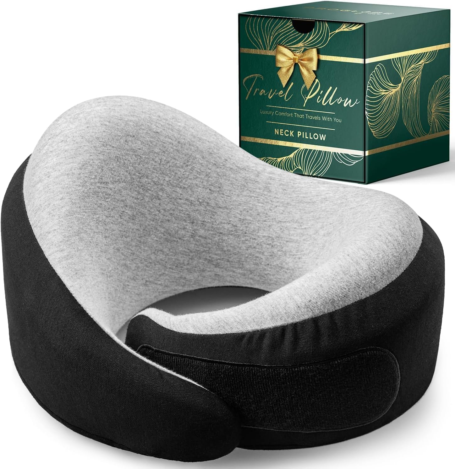 Proglobe Luxe Memory Foam Travel Neck Pillow for Airplanes, Ergonomic 360° Support with Soft Chin Support, Organic Cotton Cover, Compact Compression