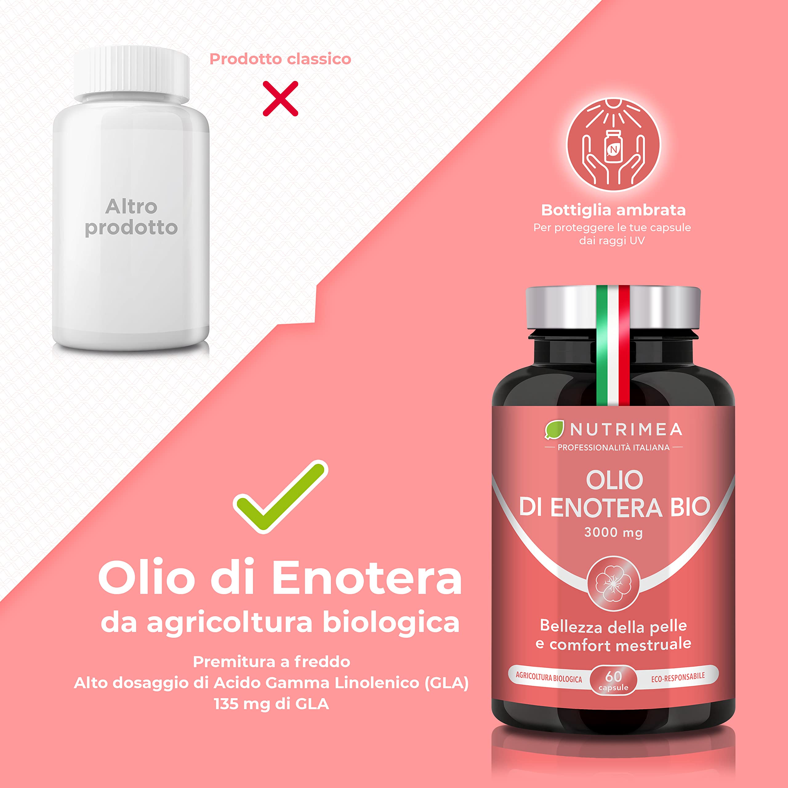 Olio di Enotera BIO | 3000 mg di cui 270 mg di GLA | Spremuto a freddo | 100% naturale | Comfort premestruale e bellezza della pelle | Qualità premium | 60 capsule
