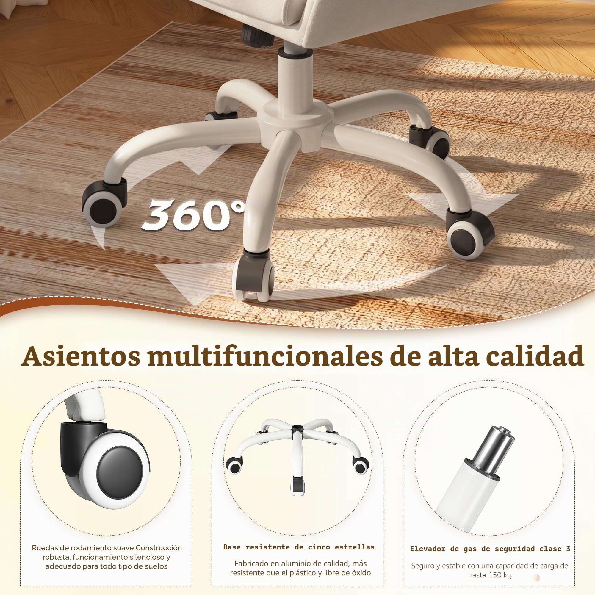 Silla de Escritorio con Ruedas, Silla de tocador Terciopelo, Altura Regulable e inclinable, Adecuada para Oficina, habitación y Estudio, Familiar, soporta hasta 150kg, Blanc