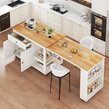 78"-49" Extendable Rolling Kitchen Island with Extended Dining Table, Mobile Kitchen Storage Islands with Storage Drawers, 2-Tier Storage Shelf, White