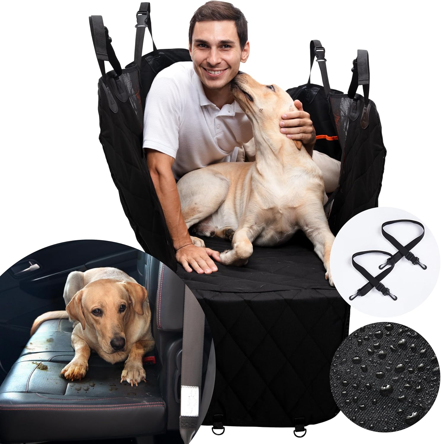 ASHLEY MADDEN Dog Car Seat Cover for Back Seat | 100% Waterproof Dog Car Hammock | Heavy Duty Nonslip Pet Seat Cover with Mesh Window & Storage | SUV | Truck | Flexible Bottom