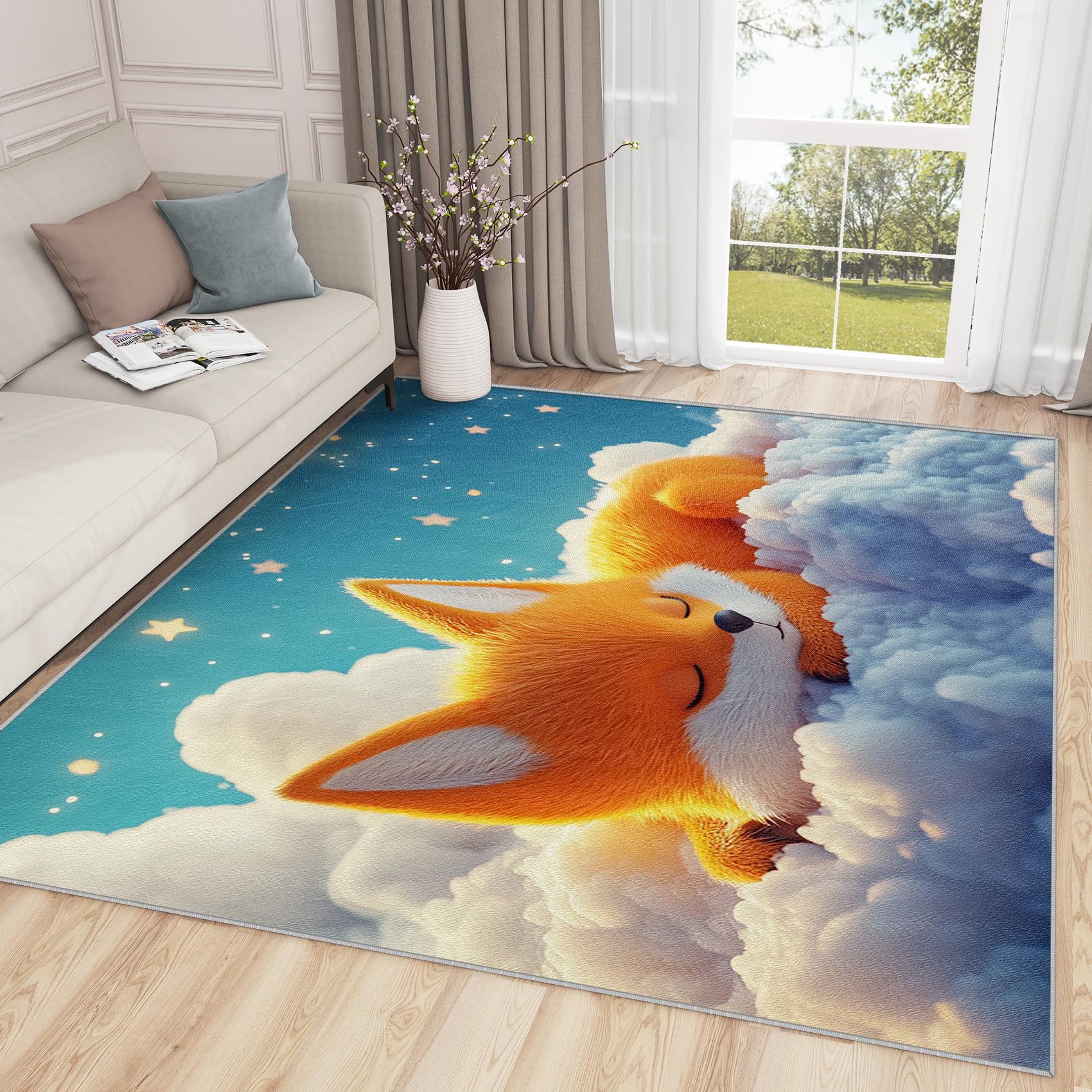 Fox Rug for Nursery - Fox Rug, 4x5 Rug, Kids Cute Fox Area Rug, Kawaii Cartoon Animal Washable Rugs for Living Room Bedroom, Boys Girls Sleeping Fox