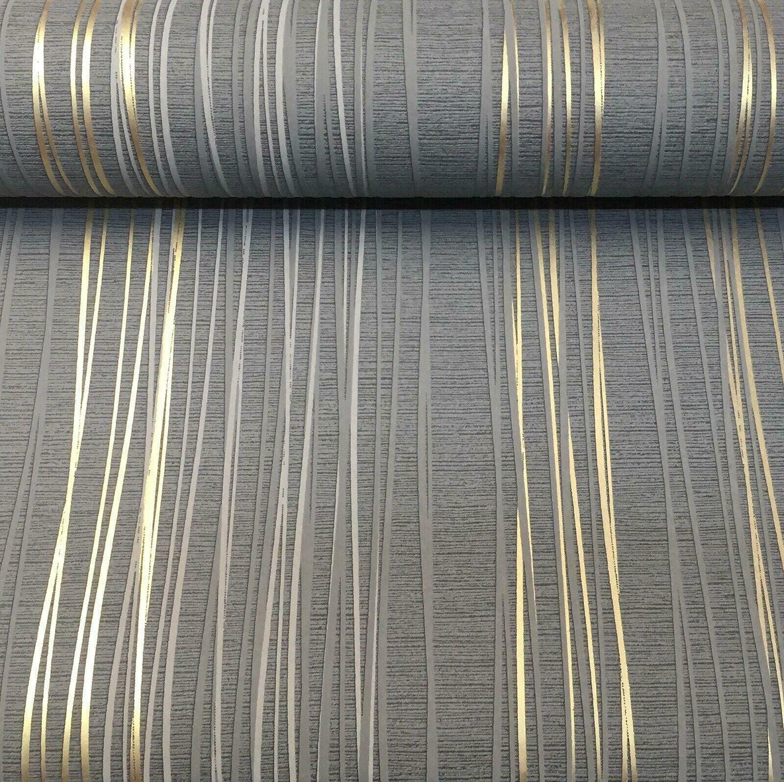 Metallic Stripe Textured Blown Vinyl Charcoal Grey Gold Wallpaper (10m x 0.53m)