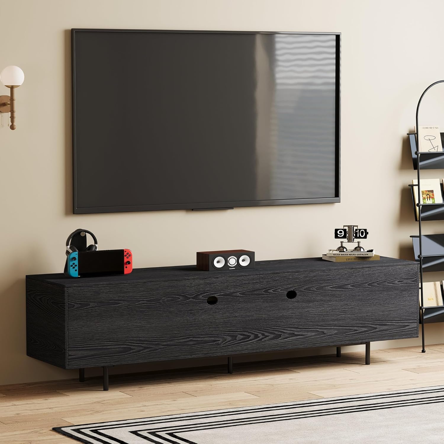 Mid Century Modern Black TV Stand for 70 Inch and Larger TVs, 70.87" Media Console with Solid Wood Slatted Doors, Metal Base, Stylish Entertainment Center for Living Room or Bedroom