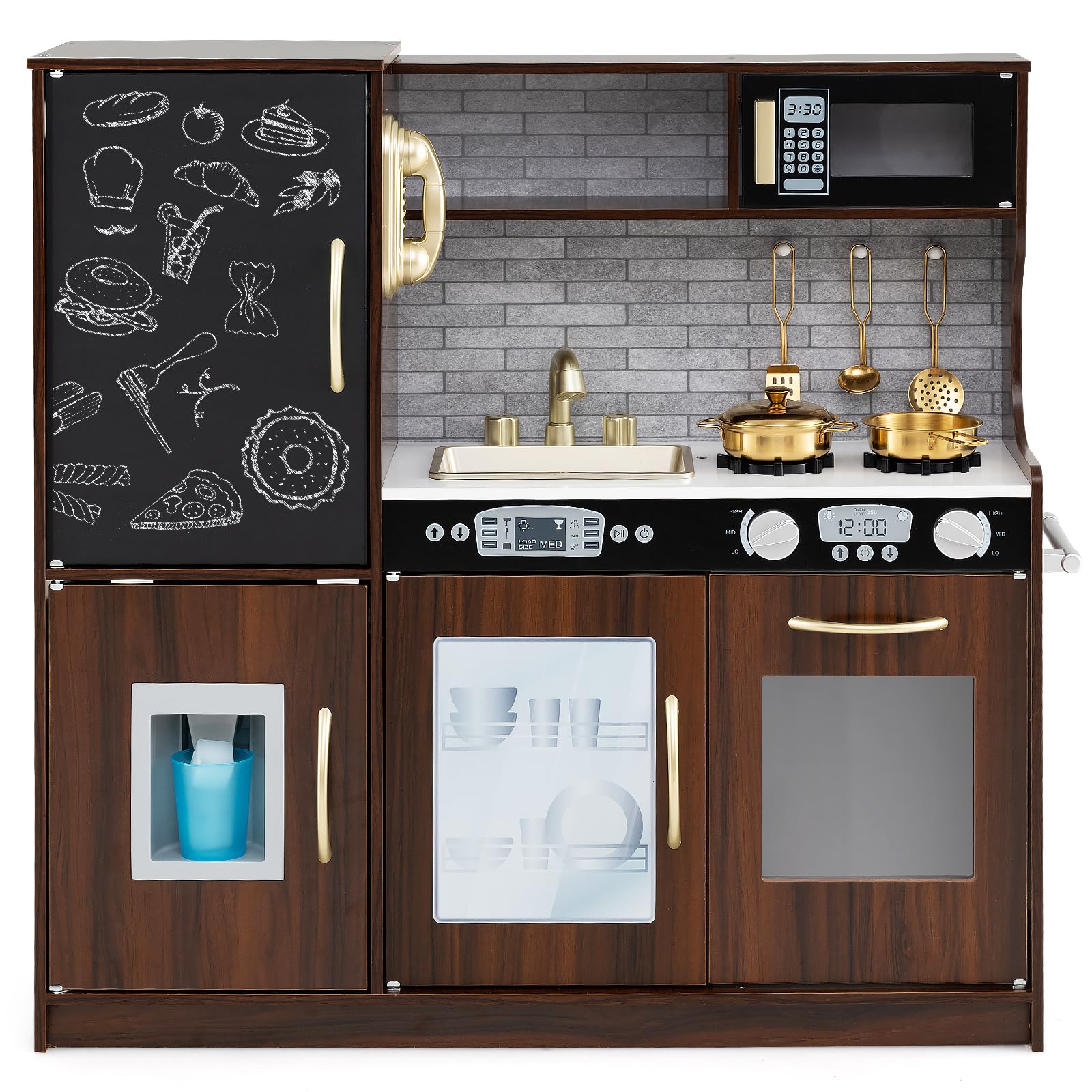 COSTWAY Kids Wooden Kitchen, Pretend Play Kitchen with Chalkboard, Sink, Microwave, Ice Maker, Utensils, Children Cooking Role Playset for 3-6 Years Old Boys Girls (Coffee) — image 1