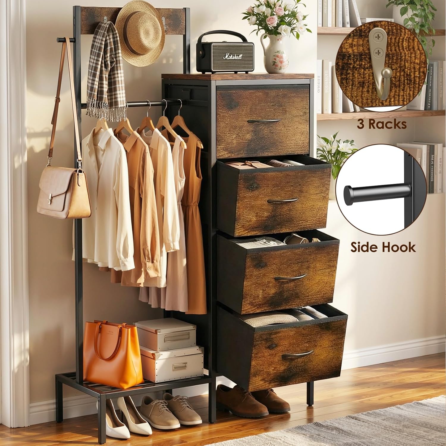 Lewondr Dresser with Hanging Rack and Storage Drawers, 4 Drawer Chest with Hooks and Hat Rack, Rustic Entryway Organizer for Clothes, Bags, Shoes and Accessories, Brown Wood Finish