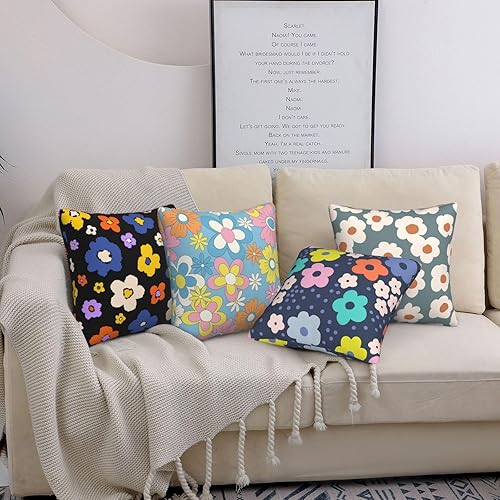 Miniatura 3 de Juego de 4 fundas de almohada florales estilo bohemio hippie de 18 x 18 pulgadas, juego de 4 fundas de cojín coloridas con margaritas bohemias para