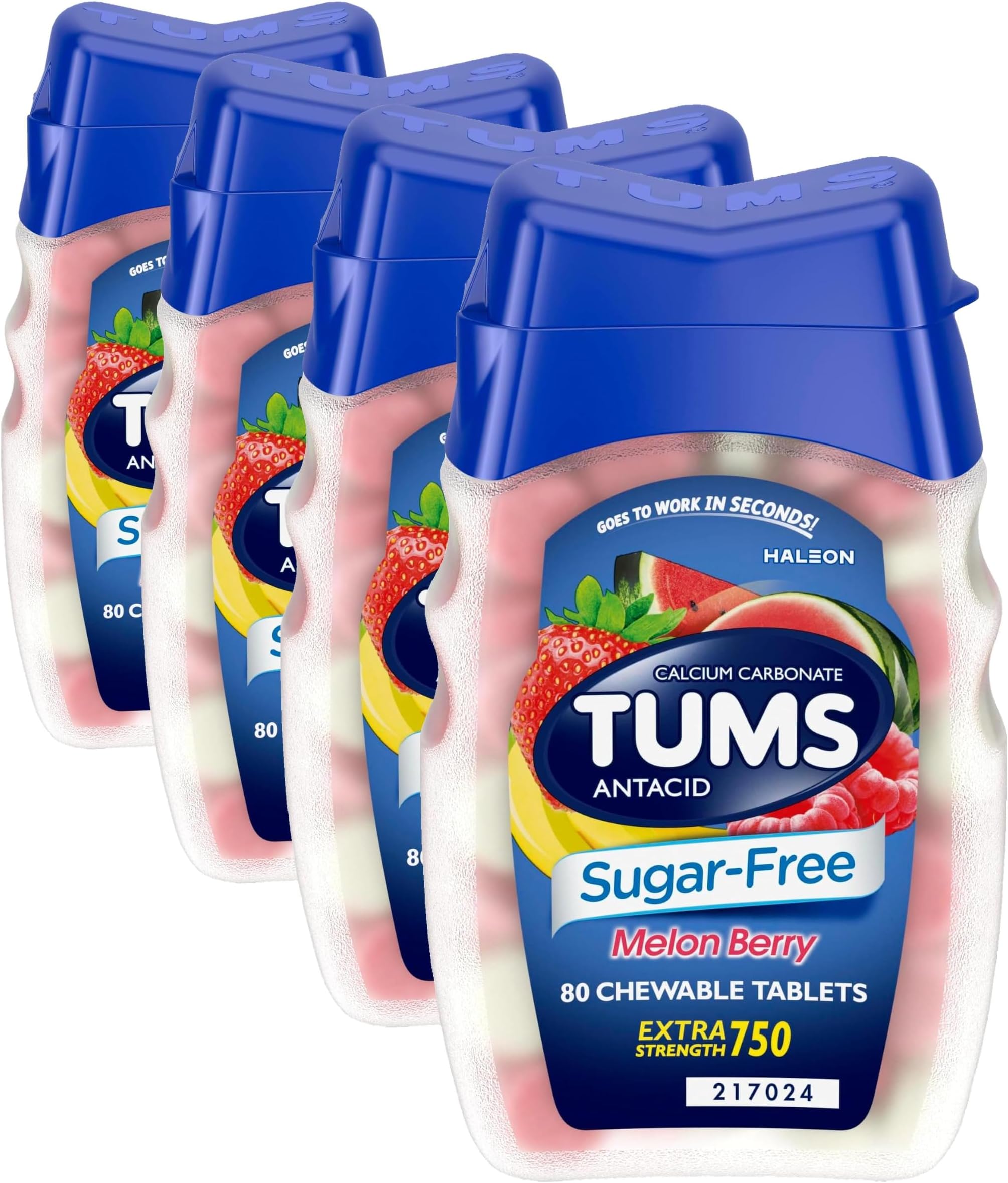 TUMS Extra Strength Chewable Sugar Free Antacid Tablets for Heartburn Relief, Melon Berry - 80 Count (Pack of 4)