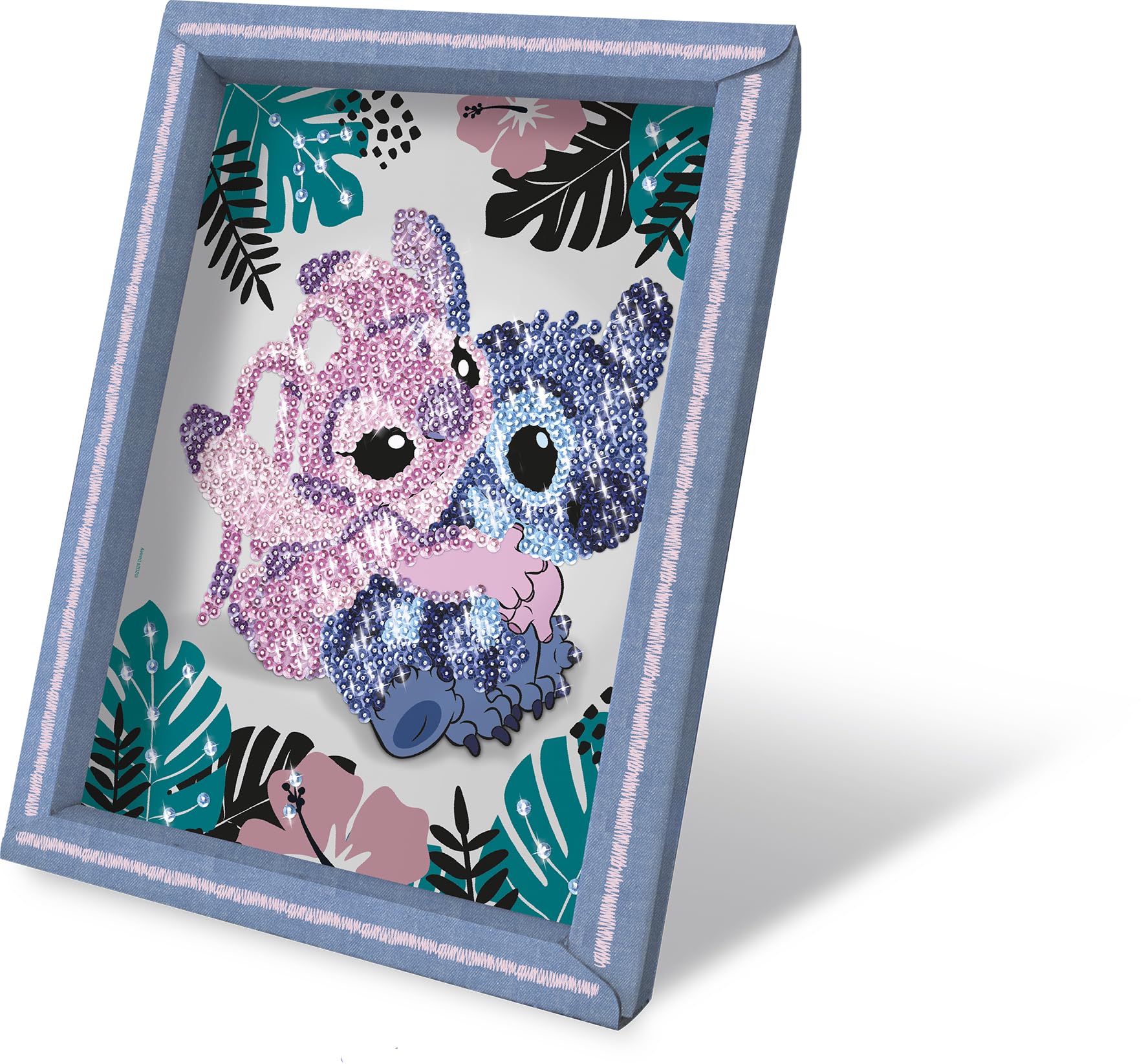 Lansay - COLLECTION SEQUINS STICH & ANGEL - Paillettenbild Bastelset für Kinder ab 7 Jahren - DIY Glitzermosaik inkl. Rahmen, bunten Pailletten & Nadeln - Kreative Disney Deko Geschenkidee Mädchen