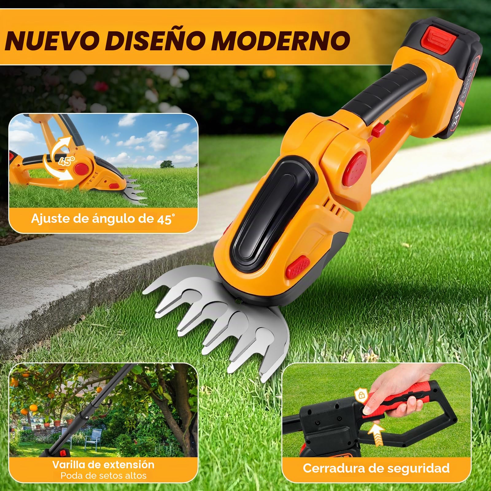 Cortasetos eléctrico 2 en 1 con barra telescópica extensible (2,5 m), 2 cuchillas profesionales, doble batería de 1500 mAh y cargador – Ideal para poda de arbustos, jardines y parterres