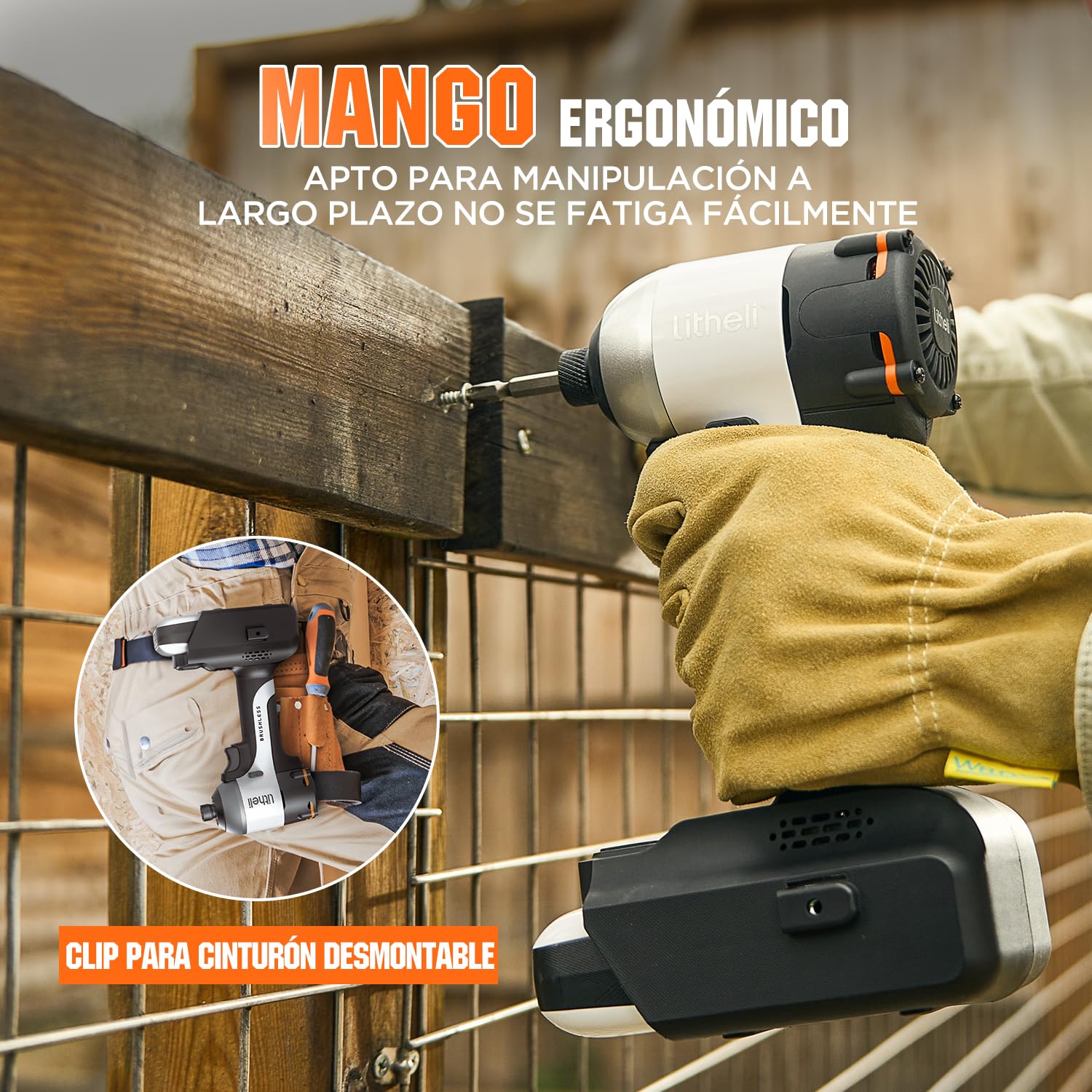 Litheli Destornillador de batería 20 V, batería de iones de litio 2,0 Ah, atornillador de impacto inalámbrico, par de torsión 230 Nm, 3 modos, pinza 6,35 mm, luces LED