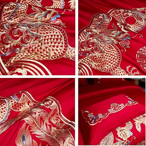 Miniatura 16 de Luxury Double Happiness Dragon and Phoenix Bird Embroidery Chinese Wedding Red Bedding Set King Queen Size 100% Cotton Embroider Red Wedding Duvet