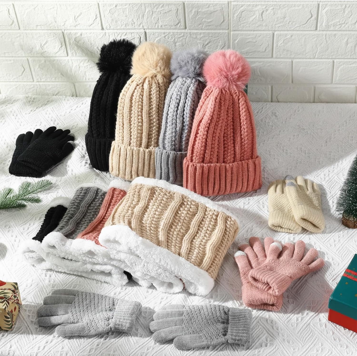 Suhine 16 Pcs Winter Beanie Hat Scarf Gloves Set Women Winter Knitted Hat Circle Scarves Touchscreen Gloves Earmuffs - Image 4