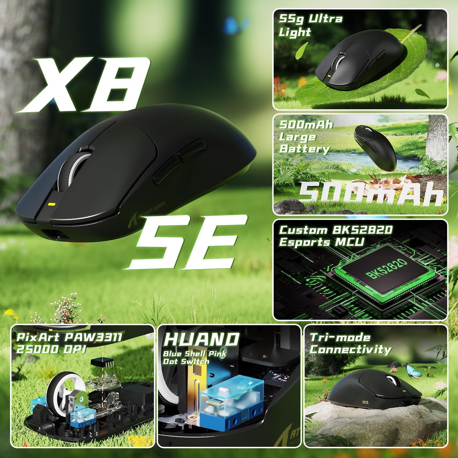 ATTACK SHARK X8 SE Ratón Gaming Inalámbrico, Peso Ligero 55g, Sensor PAW3311, Chip BK52820, 25,000 dpi, BT/2.4G/USB-C, 80 Millones de Clics, Batería 500mAh, Driver Web para PC/Mac– Negro