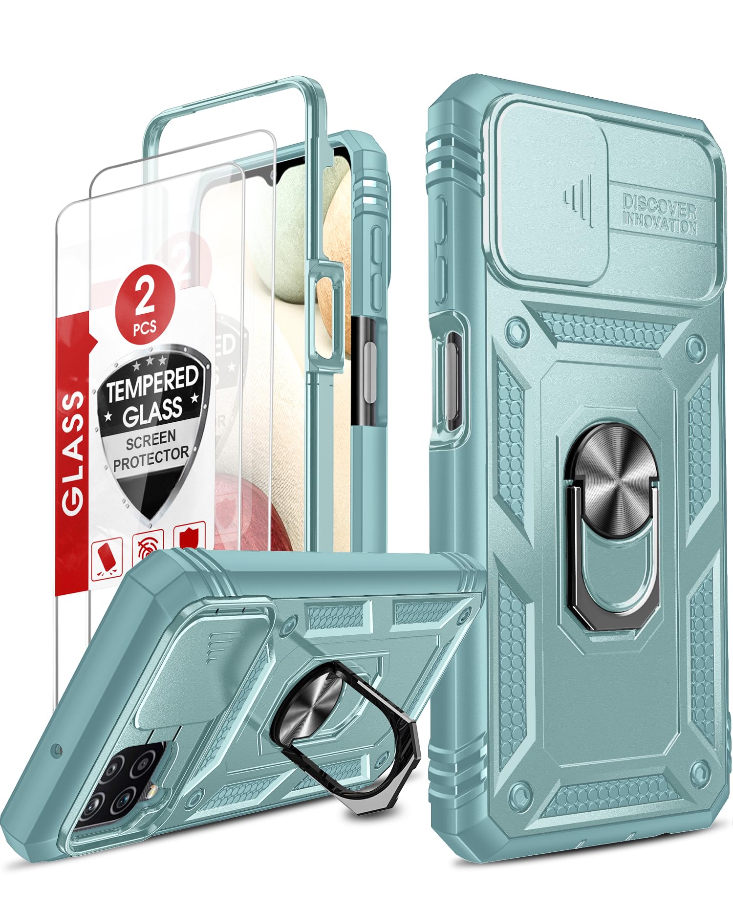 LeYi for Samsung Galaxy A12 5G/M12 Case and 2 Tempered Glass Screen Protector with Slide Camera Cover, Ring Holder Full Body Protective Heavy Duty Shockproof Silicone Armour Phone Case, G-Green