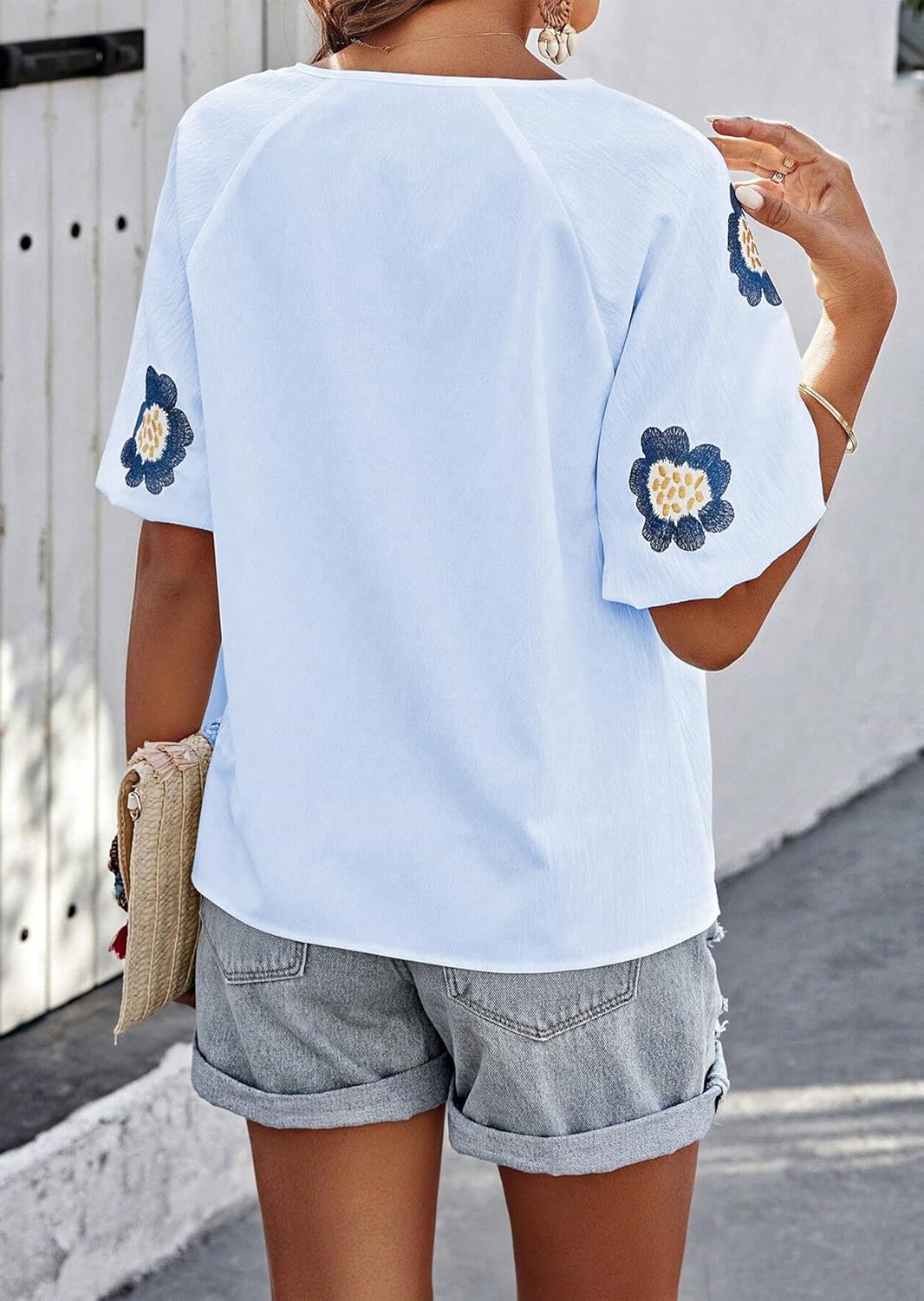 HVEPUO Summer Puff Short Sleeve Shirts for Women V Neck Boho Vacation Floral Embroidered Blouses Casual Cute Going Out Tops - Image 3