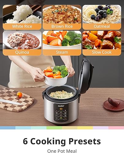 Vista 32 de COMFEE - Arrocera 6 en 1 de acero inoxidable, cocina lenta, vaporizador, salteado y calentador, 2 cuartos de galón, 8 tazas cocidas