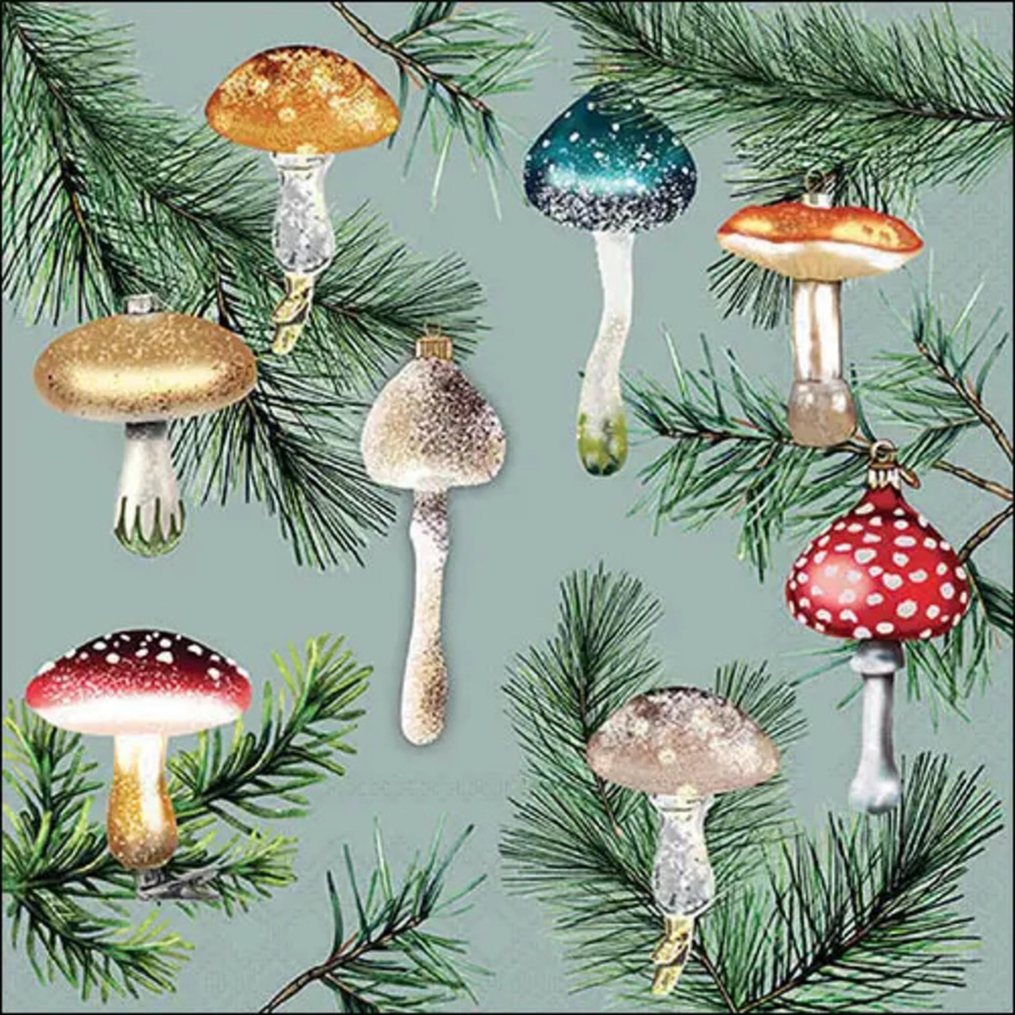 Set of 2 Individual Decoupage Paper Party Napkin Xmas Ornaments Mushrooms Watercolor Decor Luncheon Napkins for a Birthday Holiday, Wedding, Cocktail Party