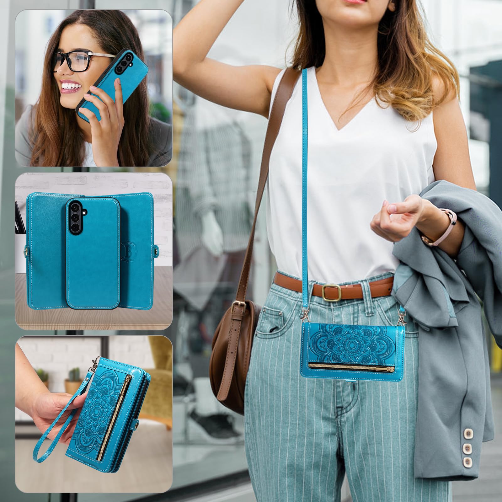 Asuwish Funda de teléfono para Samsung Galaxy S25 FE 5G con cremallera, funda desmontable para celular con protector de pantalla de vidrio templado, correa cruzada para la muñeca, tarjetero de flores