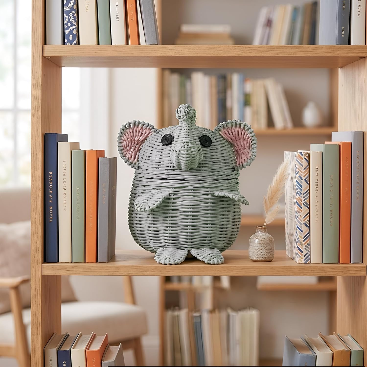 G6 COLLECTION Elephant Rattan Storage Basket With Lid Decorative Home Decor Hand Woven Shelf Organizer Cute Handmade Handcrafted Gift Art Decoration Artwork Wicker Elephant (Small, Gray)