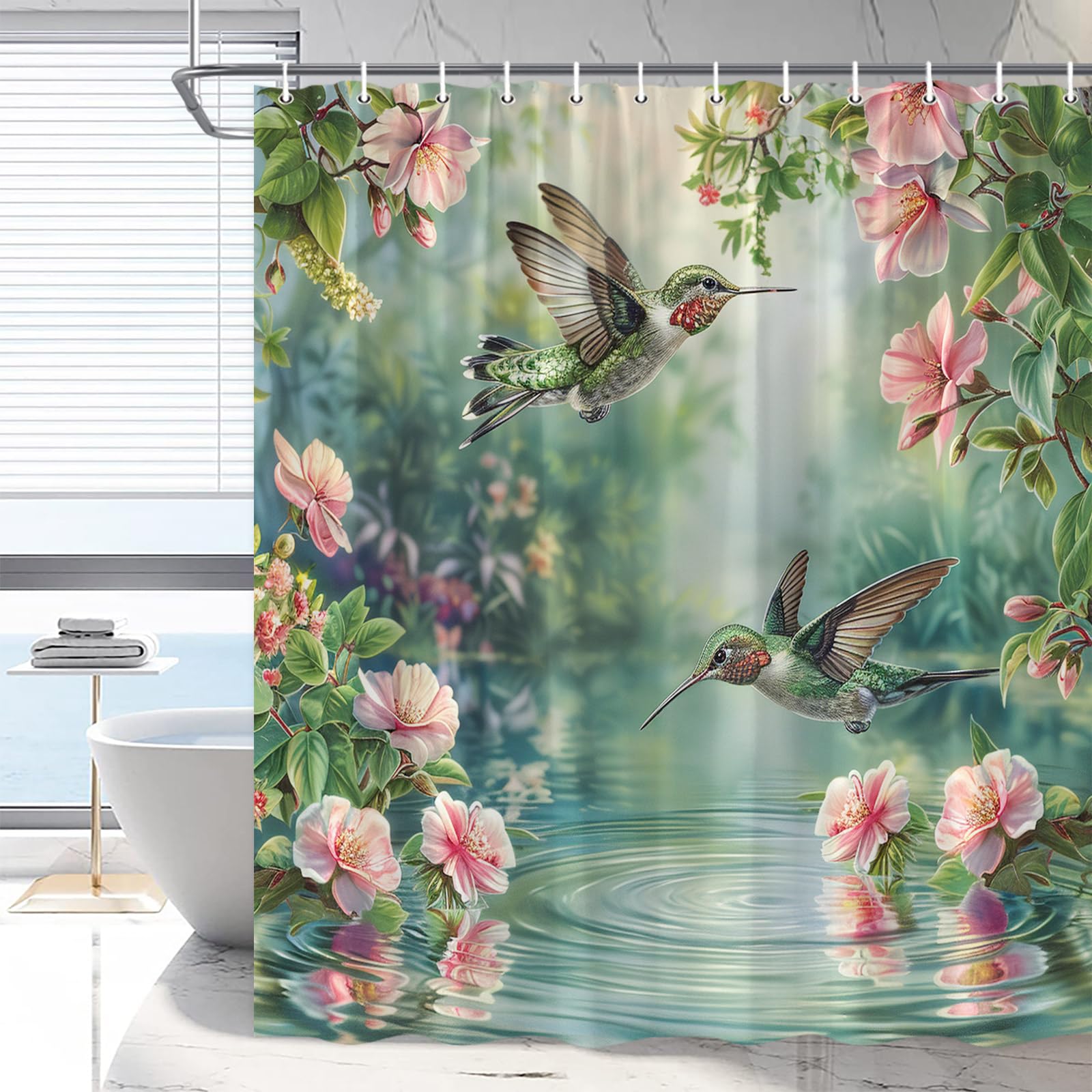 RDRUVA Hummingbird Floral Shower Curtain Spring Green Leaf Lovely Birds Pretty Flowers Water Scenery Rustic Animal Plant Watercolor Bathroom