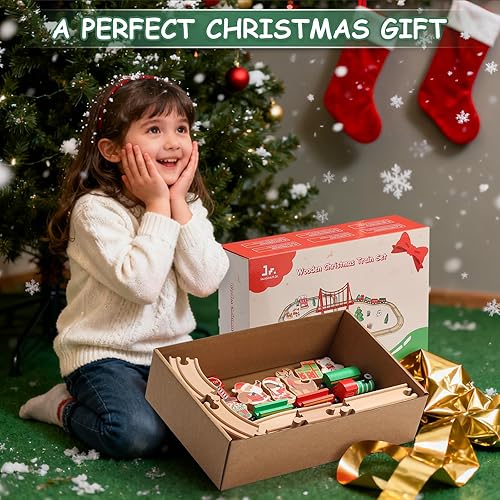 Miniatura 3 de SainSmart Jr. Juego de tren de Navidad - 50 piezas de tren de juguete festivo con exquisita caja, juego de pista de tren de madera compatible con