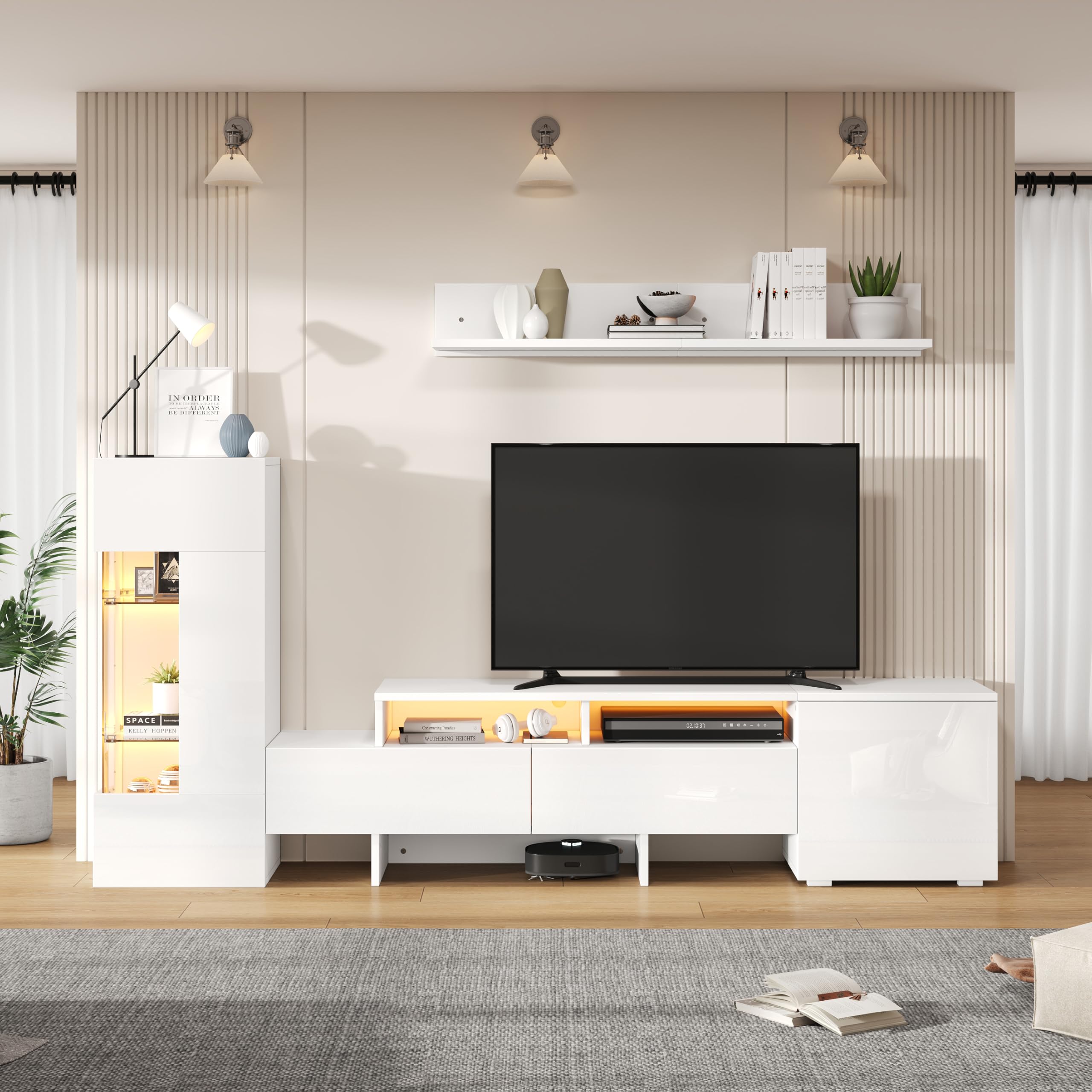 Set di 3 mobili da soggiorno per TV, lucidi, con LED, moderno mobile TV in piedi e sospeso, ante in acrilico, parete divisoria in vetro, bianco, TV fino a 70' (bianco-1)