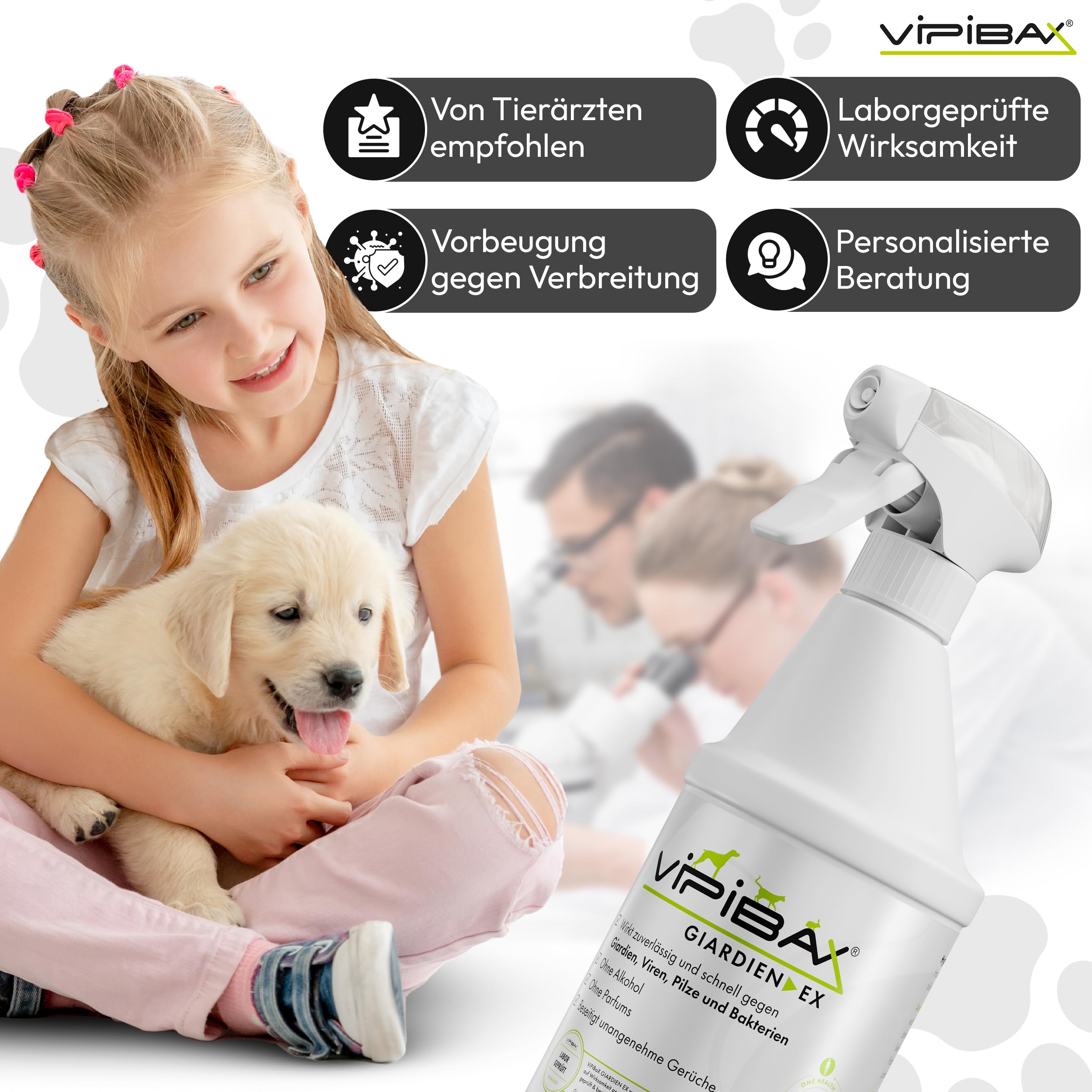 ViPiBaX Giardien EX Hygiene-Spray für Hund, Katze & Co - Geruchsentferner - Hygiene-Spray - Effektive Desinfektion gegen Giardien, Viren, Pilze & Bakterien - 500ml