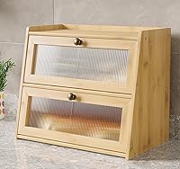 Vista 6 de Panera de bambú grande de doble capa para encimera de cocina, contenedor de almacenamiento de pan de gran capacidad de madera con soporte para pan