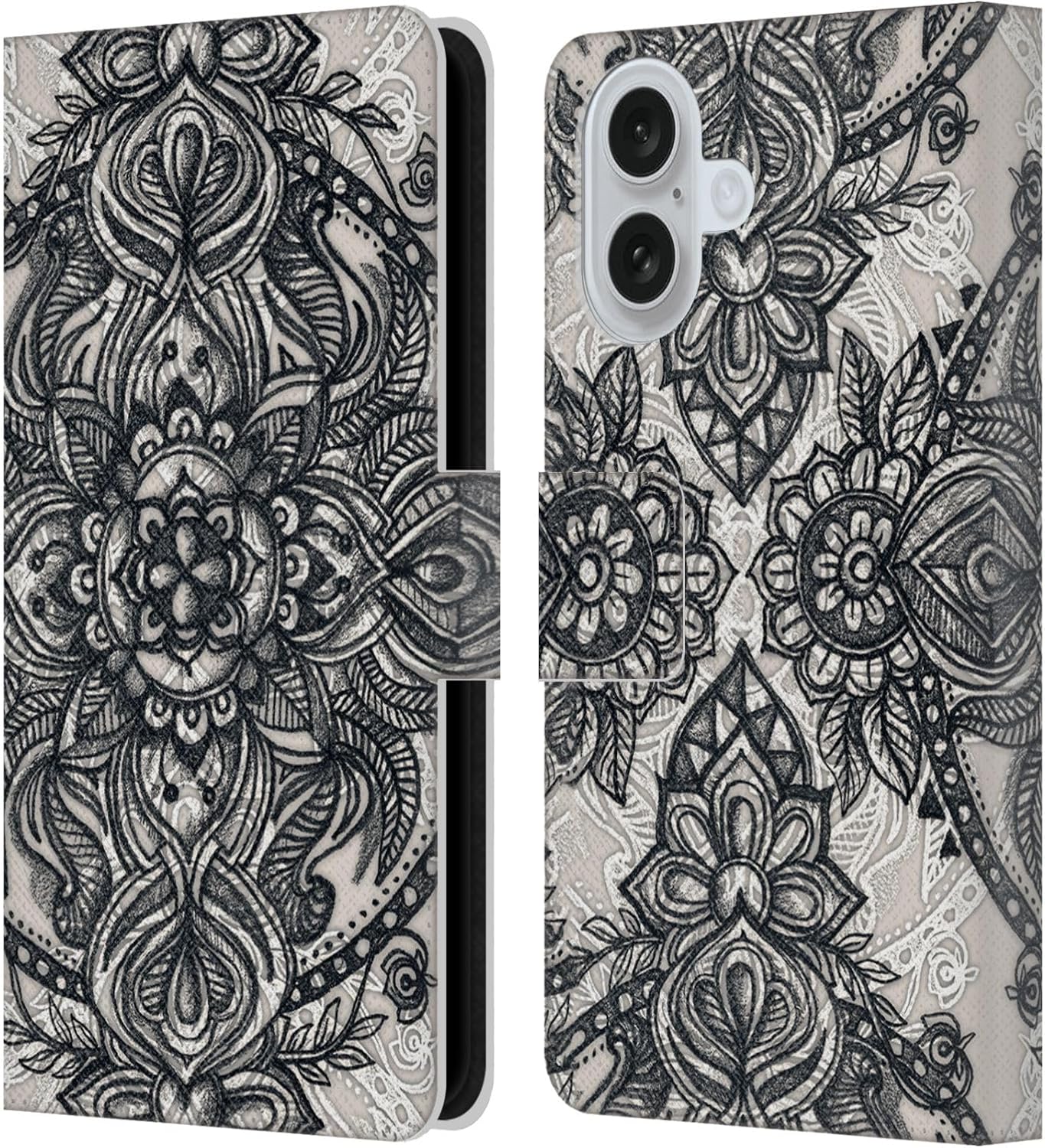 Head Case Designs Officially Licensed Micklyn Le Feuvre Charcoal Lace Pencil Doodle Mandala 3 Leather Wallet Case Compatible with Apple iPhone 16