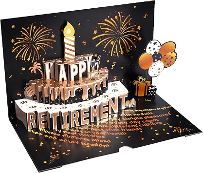 Airpark 3D Pop Up Retirement Card with Cake, Retirement Gift for Woman and Men, Happy Retiring Card Party Decorations with Envelope for Coworkers Goodbye Farewell GiftsBlack